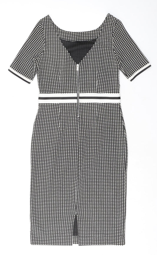 NEXT Womens Black Geometric Polyester Shift Size 8 Round Neck Zip