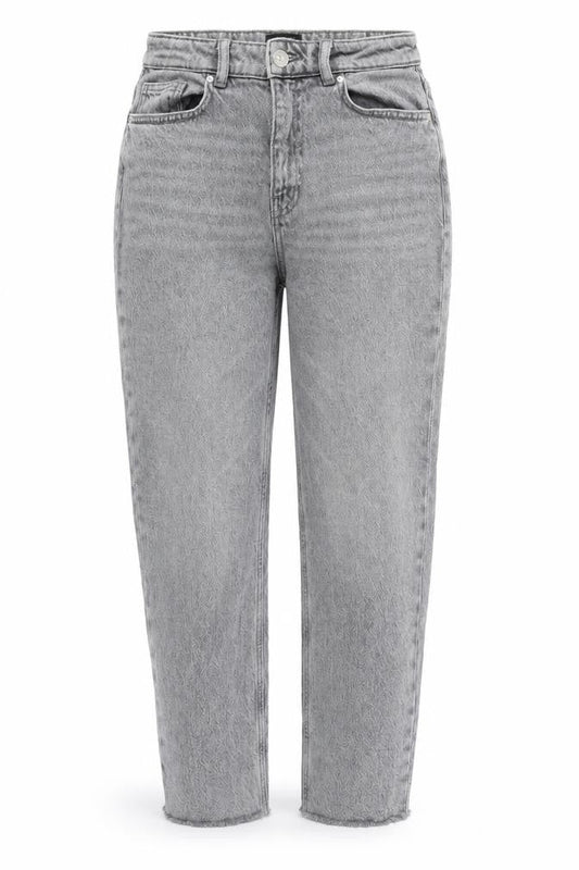 Front view of Only women’s grey cotton straight jeans, size UK 28, in, 32-inch leg regular zip - raw hem