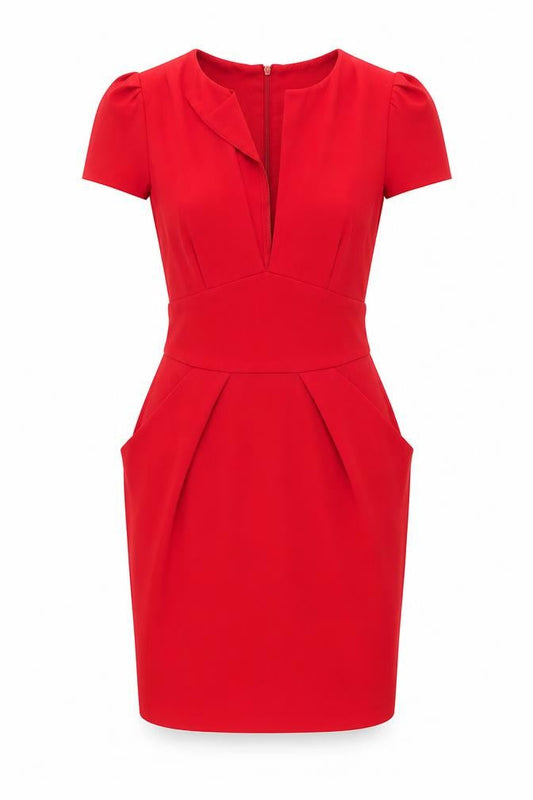 Front view of ASOS women’s red acrylic shift, size UK 10, v-neck zip