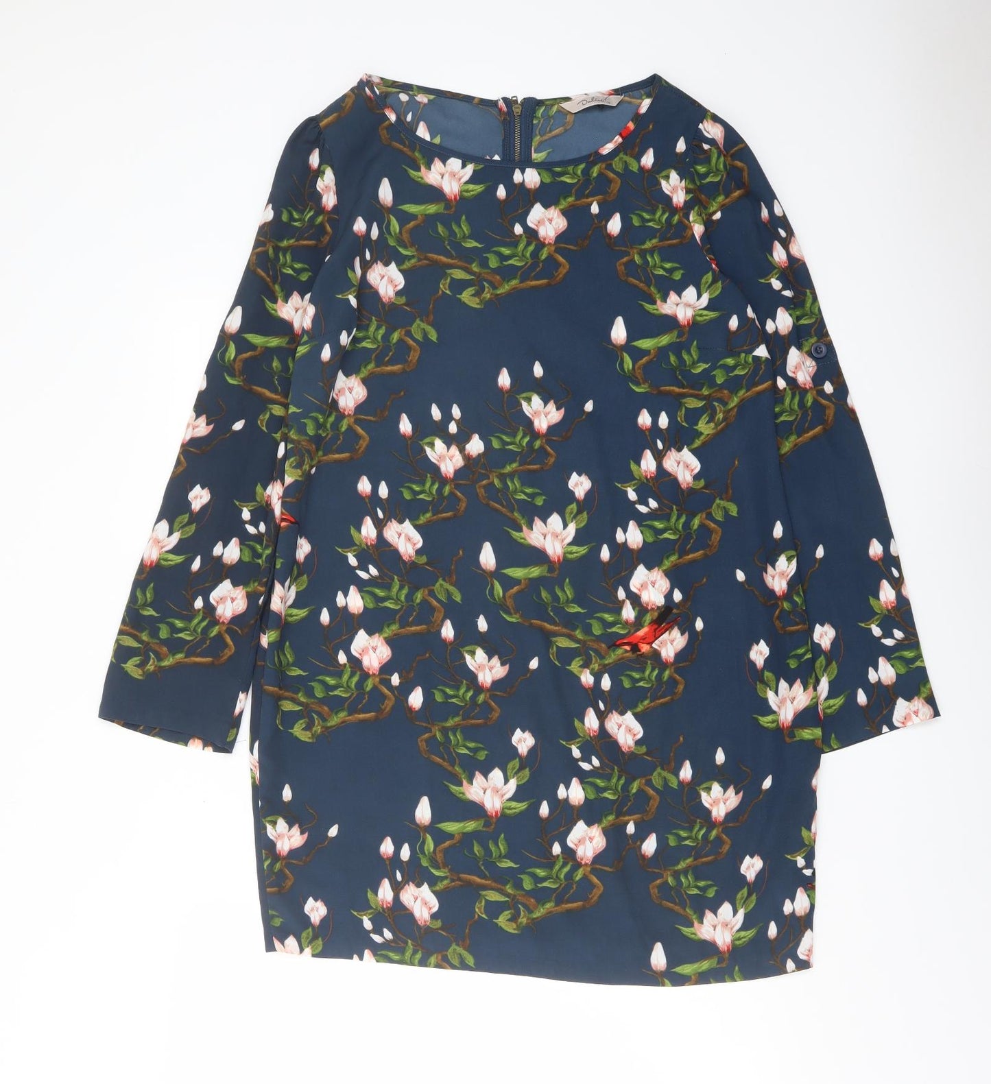 Dailing Womens Blue Floral Polyester A-Line Size M Round Neck Zip