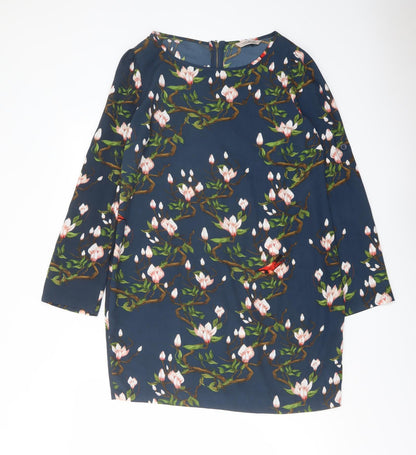 Dailing Womens Blue Floral Polyester A-Line Size M Round Neck Zip