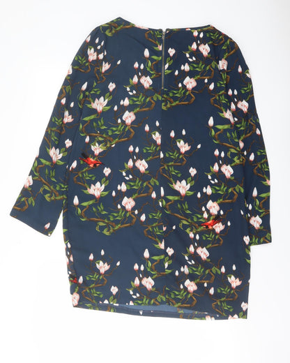 Dailing Womens Blue Floral Polyester A-Line Size M Round Neck Zip
