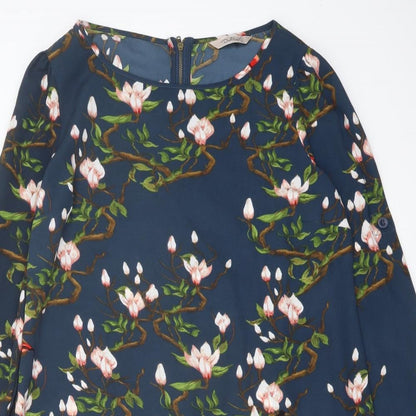 Dailing Womens Blue Floral Polyester A-Line Size M Round Neck Zip
