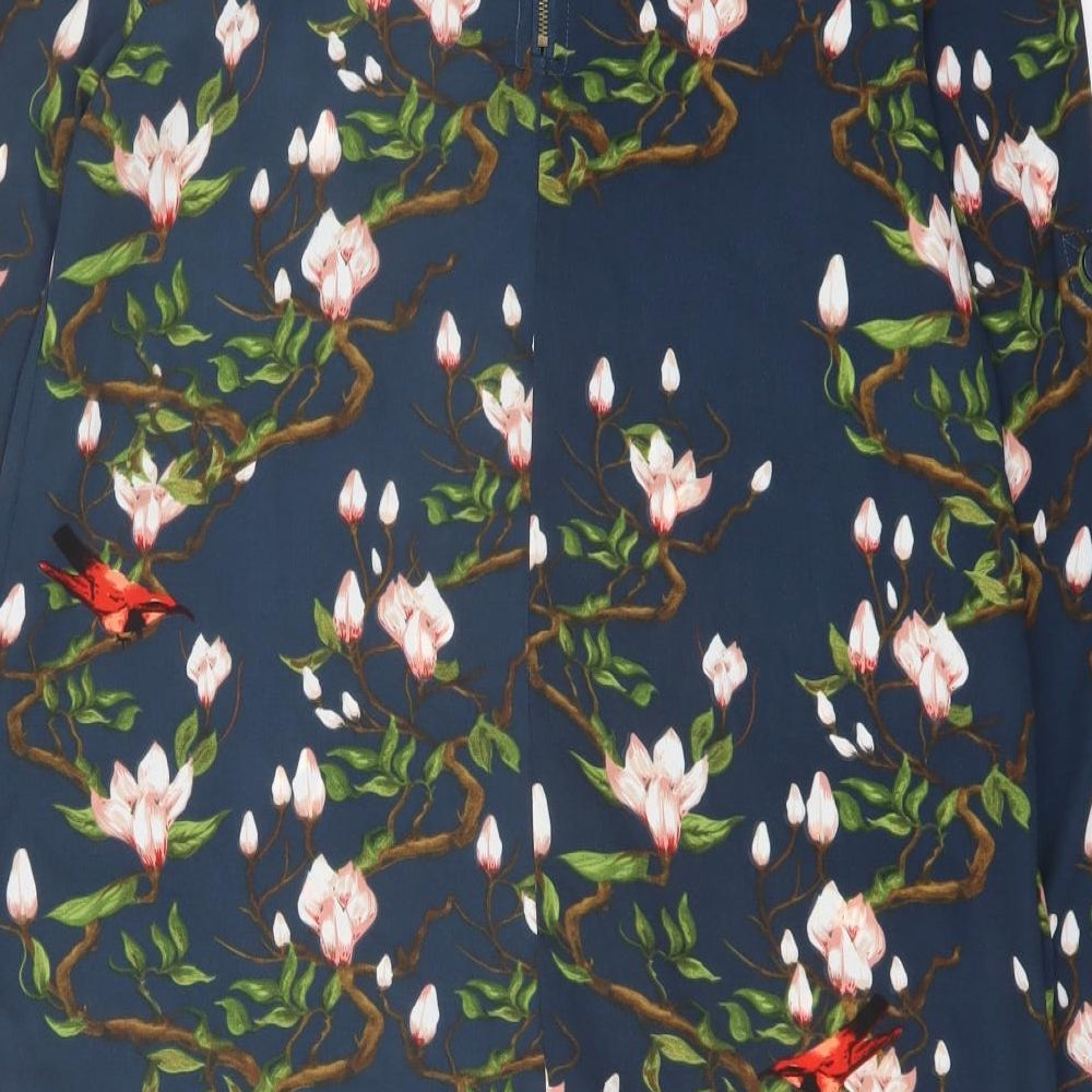 Dailing Womens Blue Floral Polyester A-Line Size M Round Neck Zip