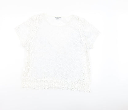 Suzanne Grae Womens White Floral Polyester Basic T-Shirt Size L Round Neck