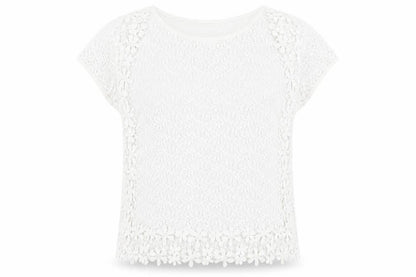 Suzanne Grae Womens White Floral Polyester Basic T-Shirt Size L Round Neck