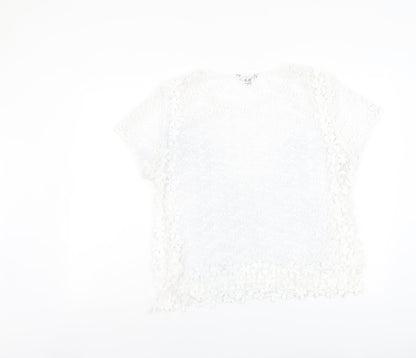 Suzanne Grae Womens White Floral Polyester Basic T-Shirt Size L Round Neck
