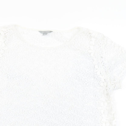 Suzanne Grae Womens White Floral Polyester Basic T-Shirt Size L Round Neck