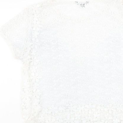 Suzanne Grae Womens White Floral Polyester Basic T-Shirt Size L Round Neck