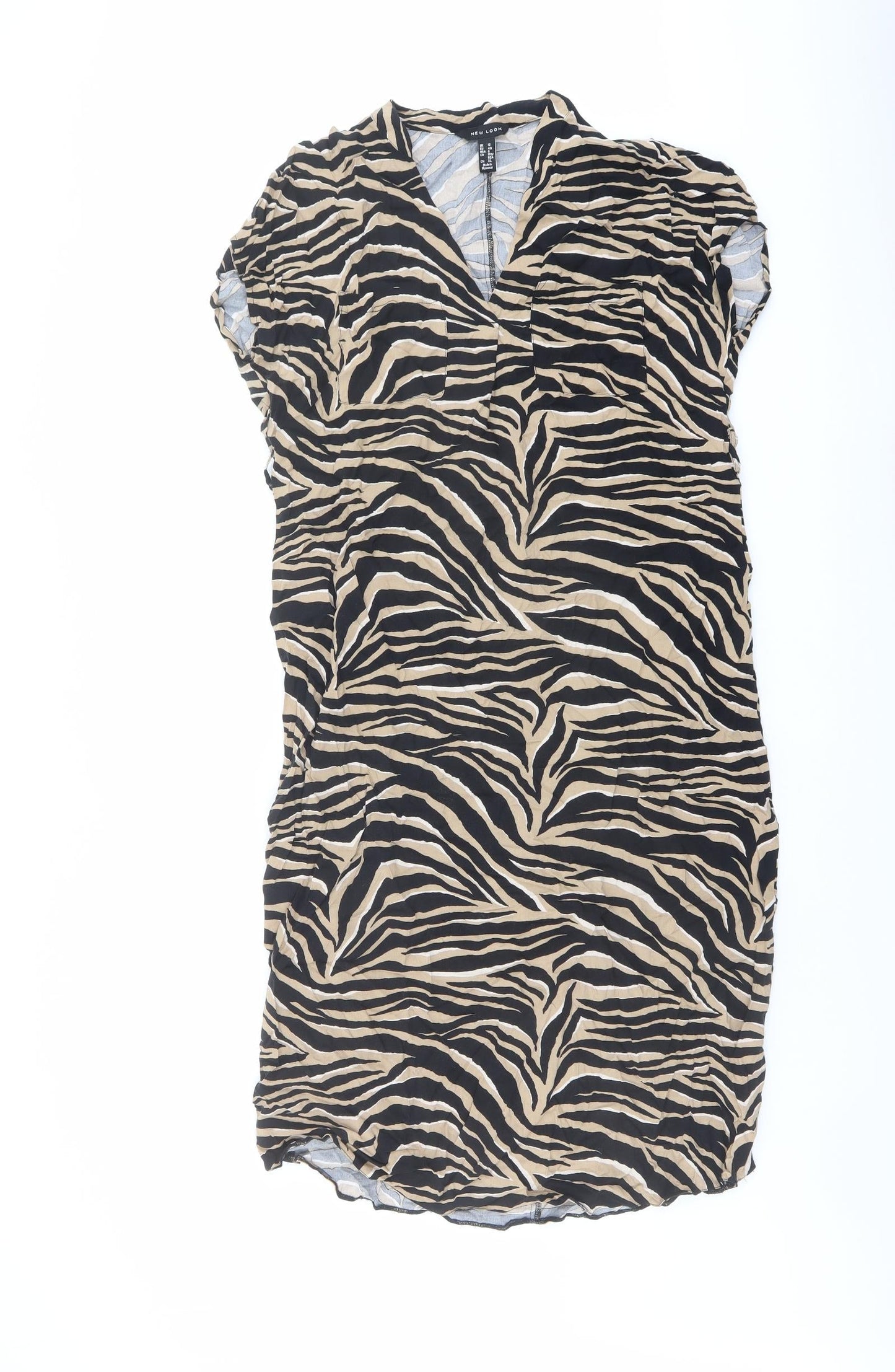 New Look Womens Brown Animal Print Viscose A-Line Size 12 V-Neck Pullover - Tiger pattern