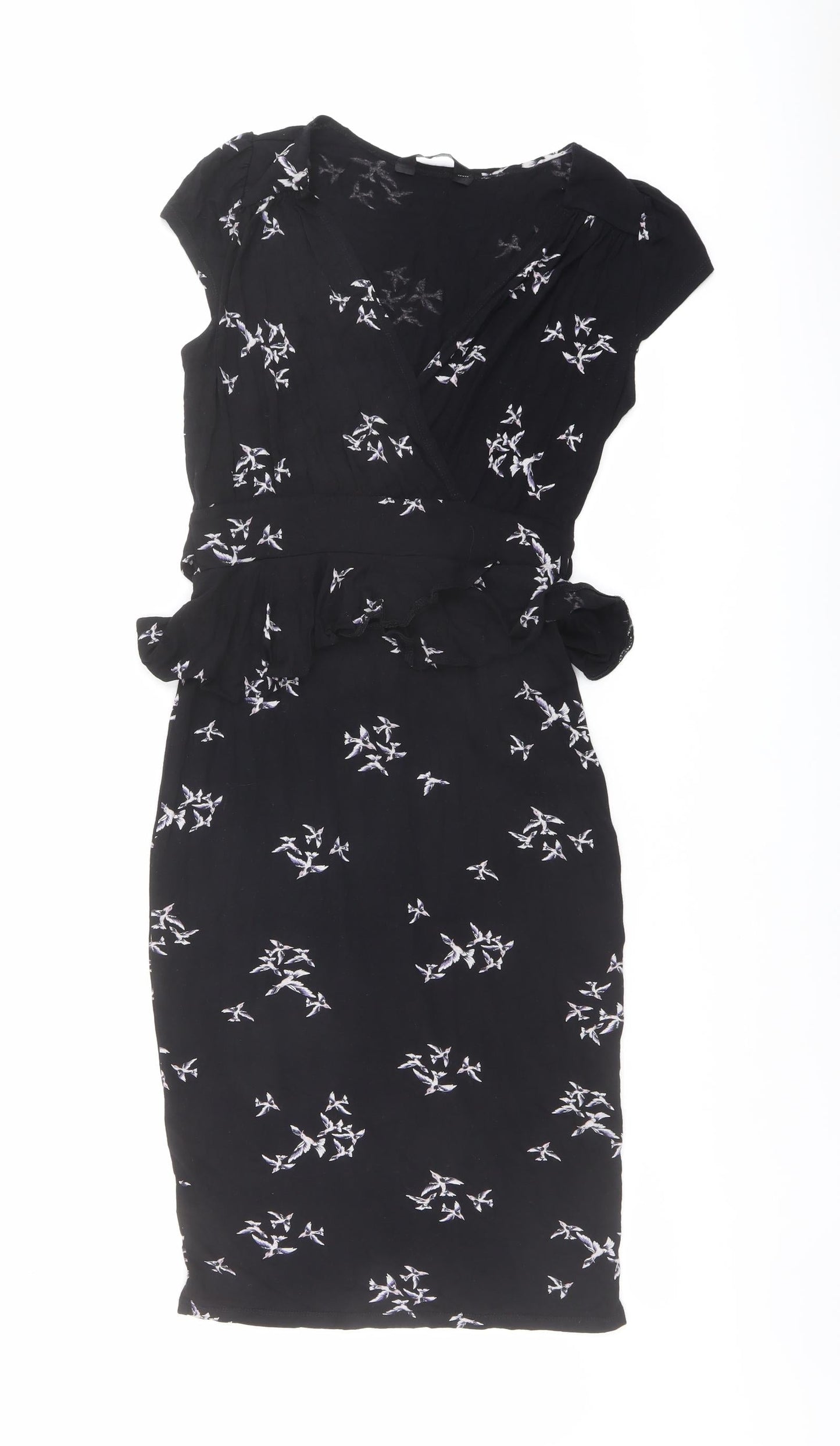 Dorothy Perkins Womens Black Geometric Viscose A-Line Size 8 V-Neck Pullover - Bird pattern