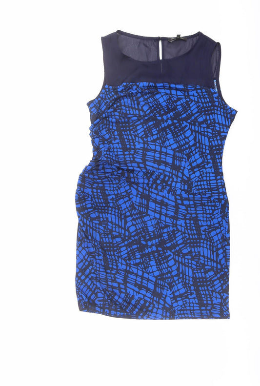 NEXT Womens Black Geometric Polyester Tank Dress Size 14 Round Neck Button