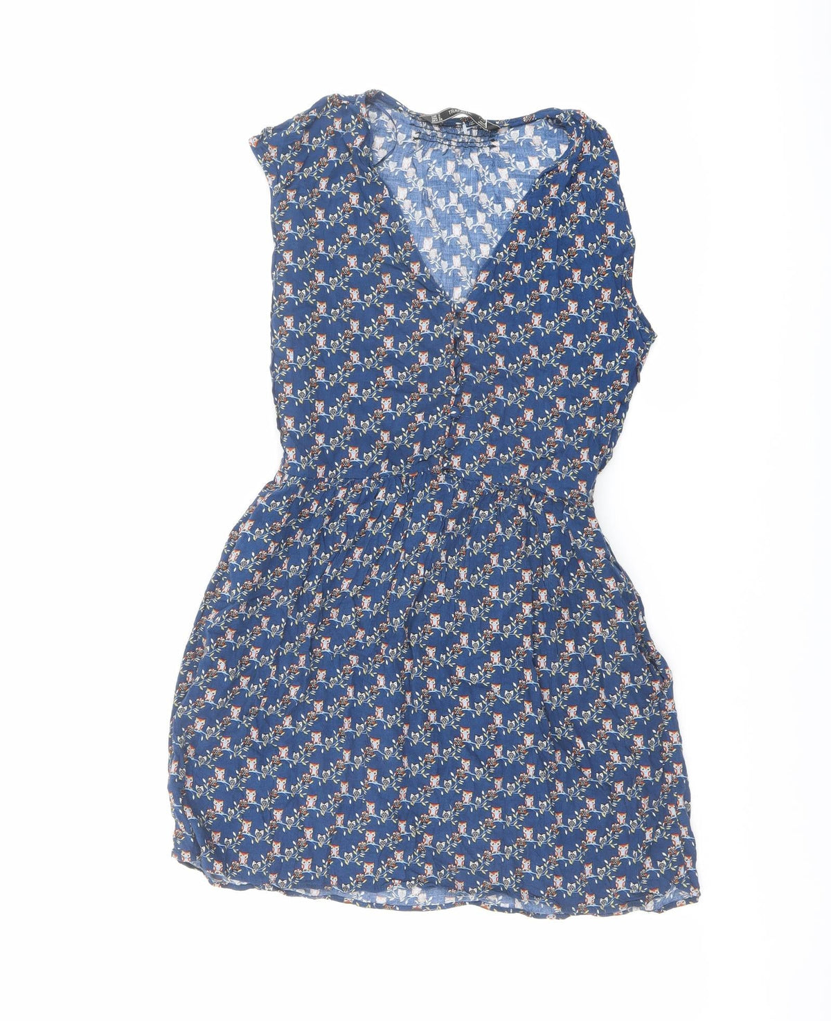Zara Womens Blue Geometric Polyester A-Line Size S V-Neck Button - Owls