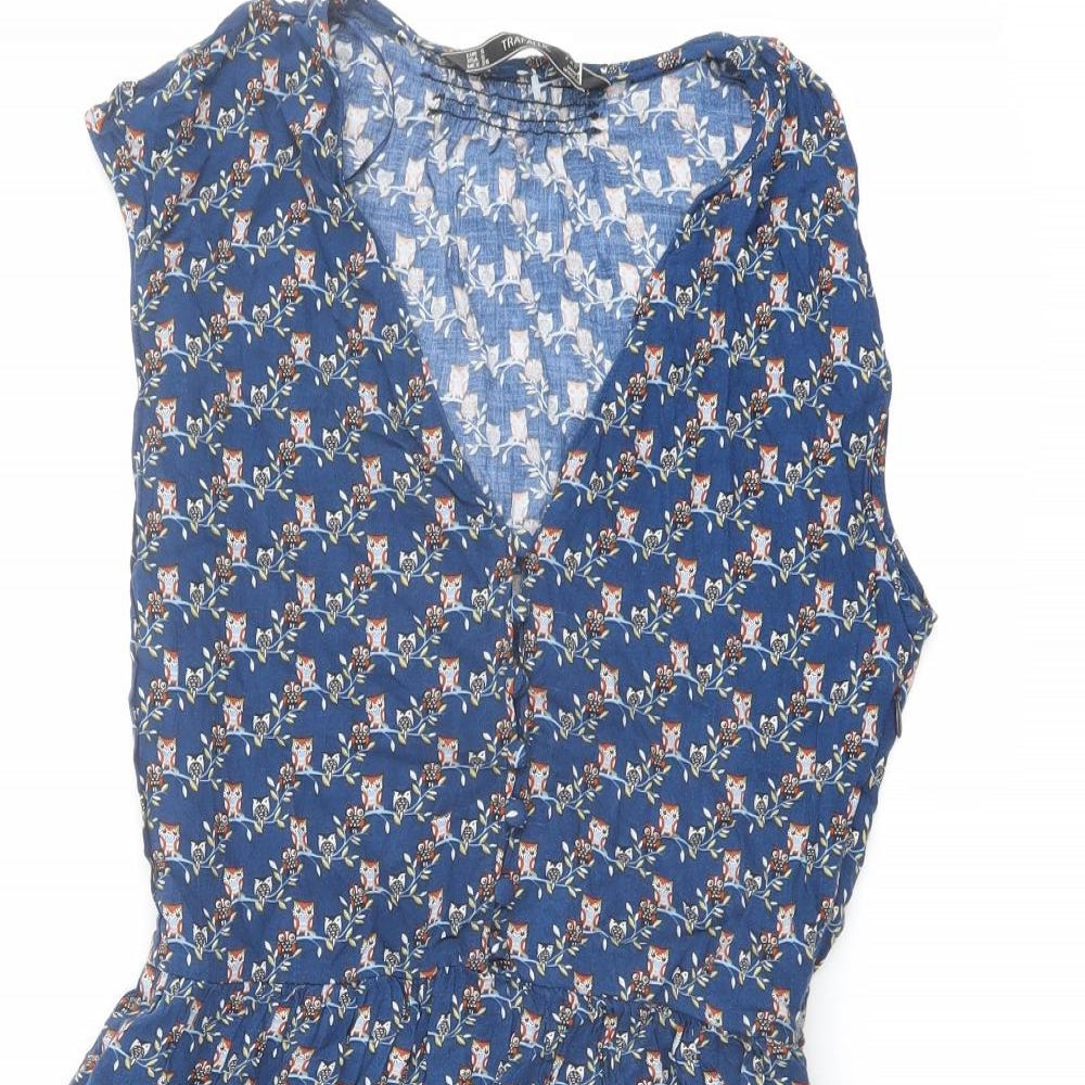 Zara Womens Blue Geometric Polyester A-Line Size S V-Neck Button - Owls