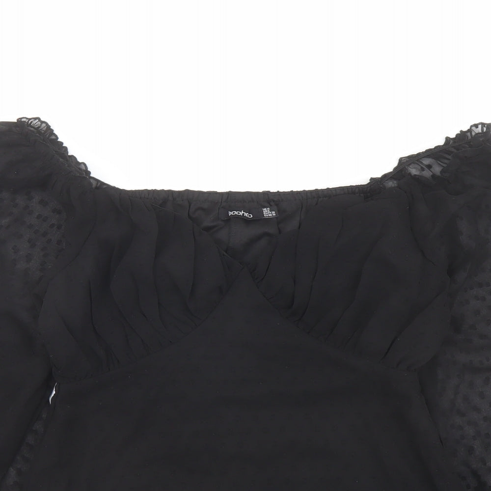 Boohoo Womens Black Polyester Basic Blouse Size 10 V-Neck - Sheer Sleeves