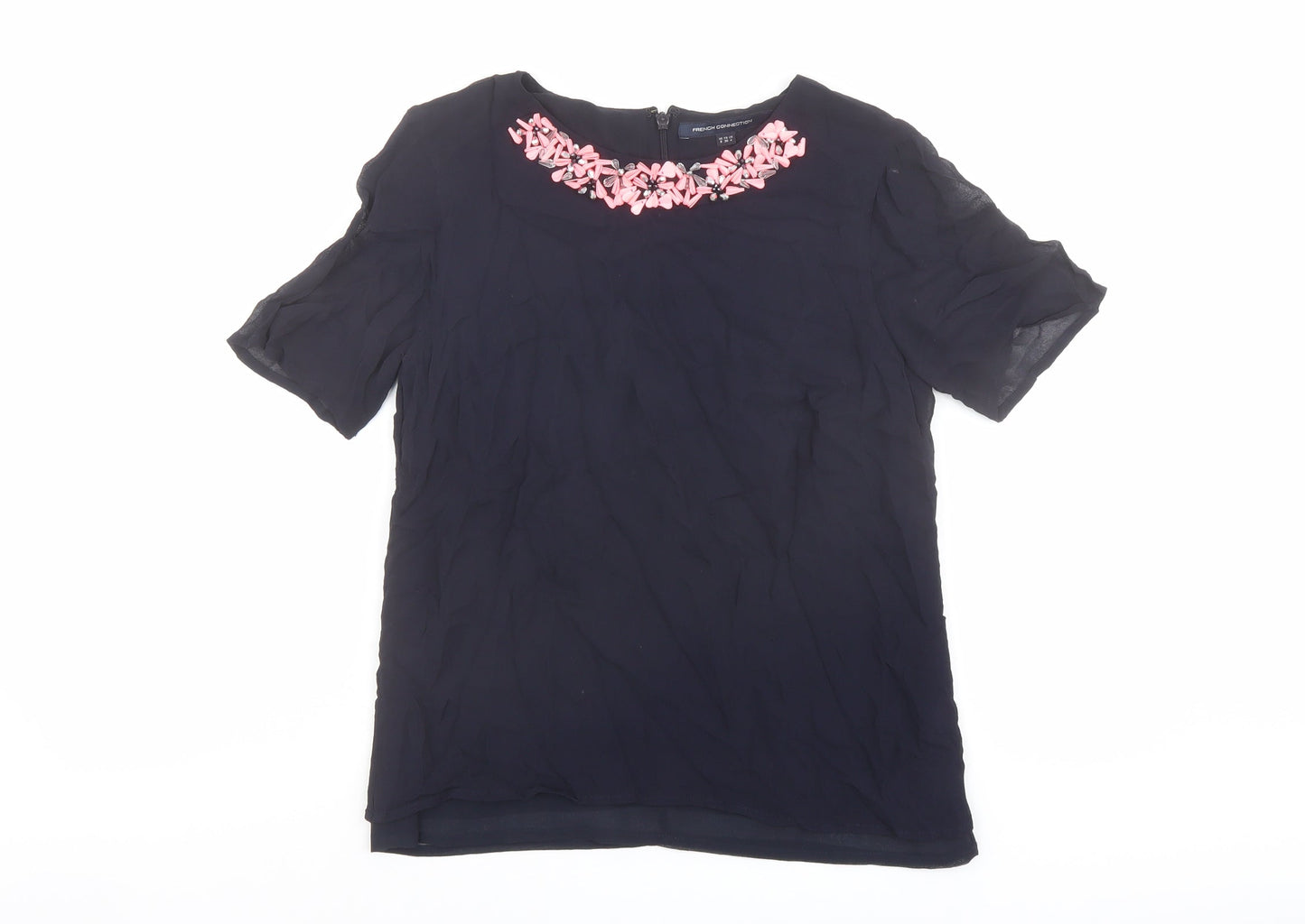 French Connection Womens Blue Viscose Basic Blouse Size 8 Boat Neck - Embellished Neckline