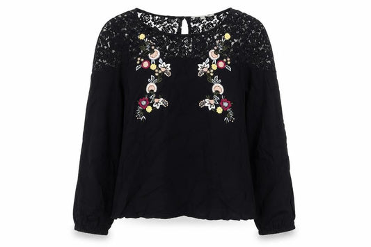 Front view of Red Herring women’s black viscose basic blouse, size UK 10, boat neck - lace detail