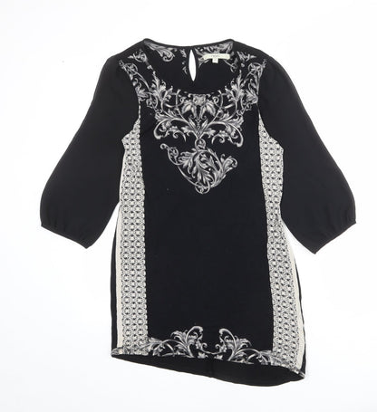 NEXT Womens Black Geometric Viscose Sheath Size 10 Round Neck Button