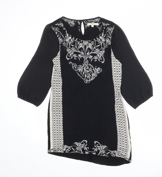 NEXT Womens Black Geometric Viscose Sheath Size 10 Round Neck Button