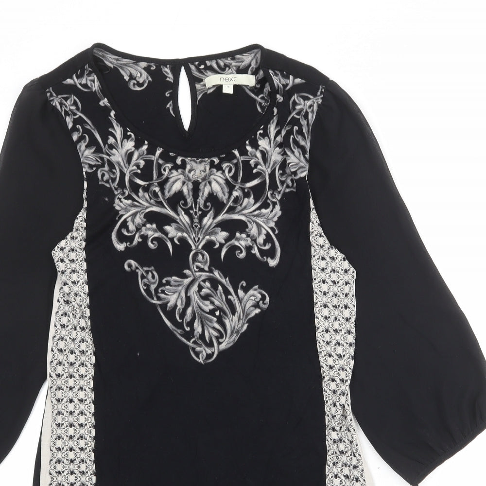 NEXT Womens Black Geometric Viscose Sheath Size 10 Round Neck Button