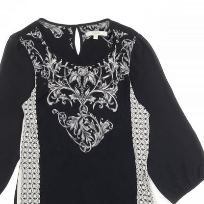 NEXT Womens Black Geometric Viscose Sheath Size 10 Round Neck Button