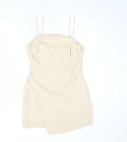 Zara Womens Beige Linen Slip Dress Size L Square Neck Zip