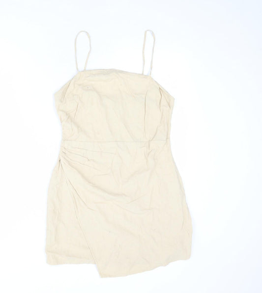 Zara Womens Beige Linen Slip Dress Size L Square Neck Zip
