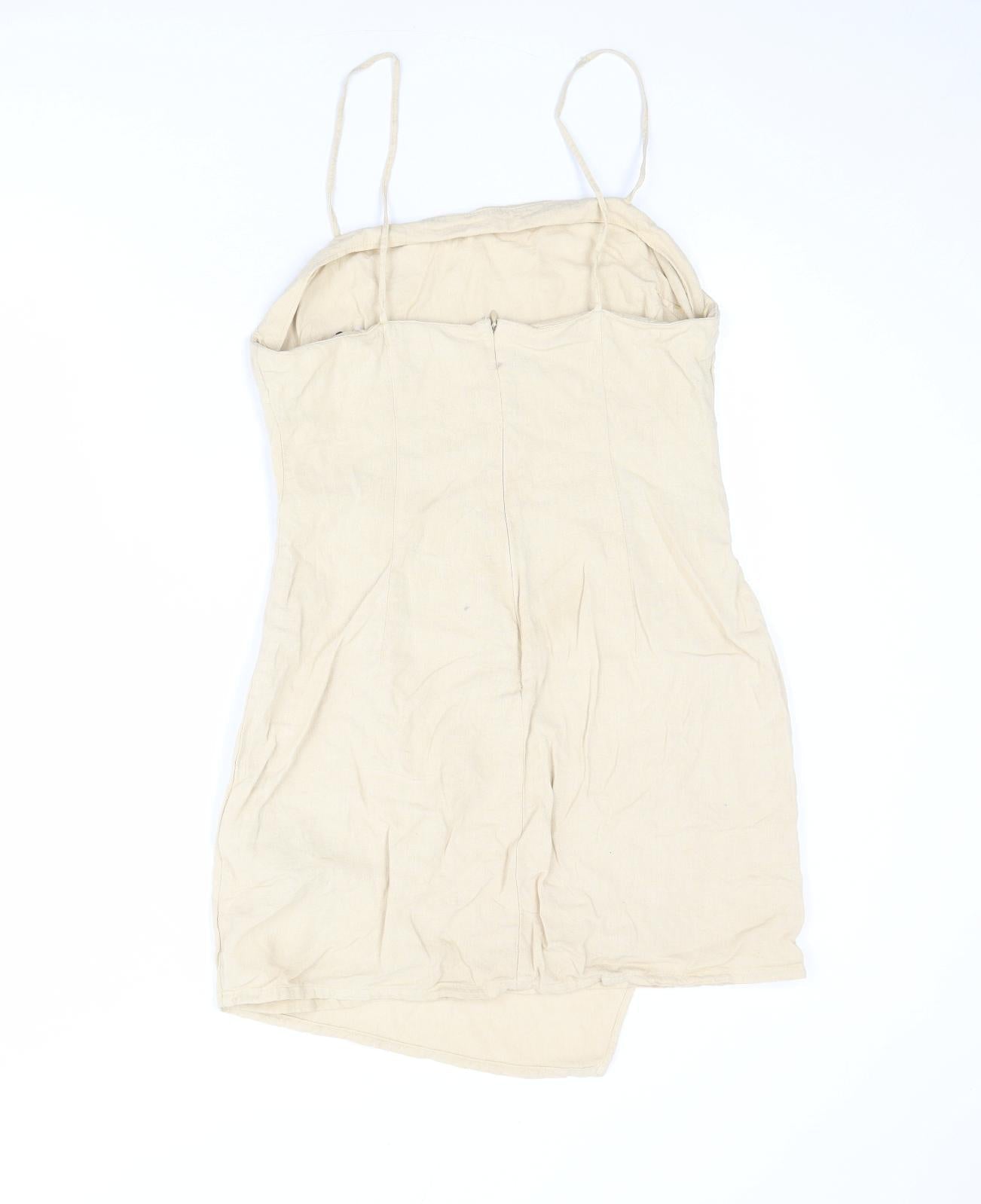 Zara Womens Beige Linen Slip Dress Size L Square Neck Zip