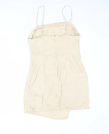 Zara Womens Beige Linen Slip Dress Size L Square Neck Zip