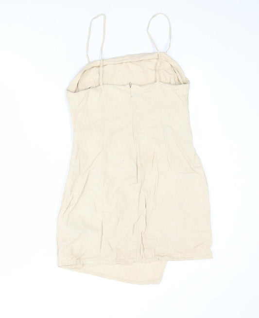 Zara Womens Beige Linen Slip Dress Size L Square Neck Zip