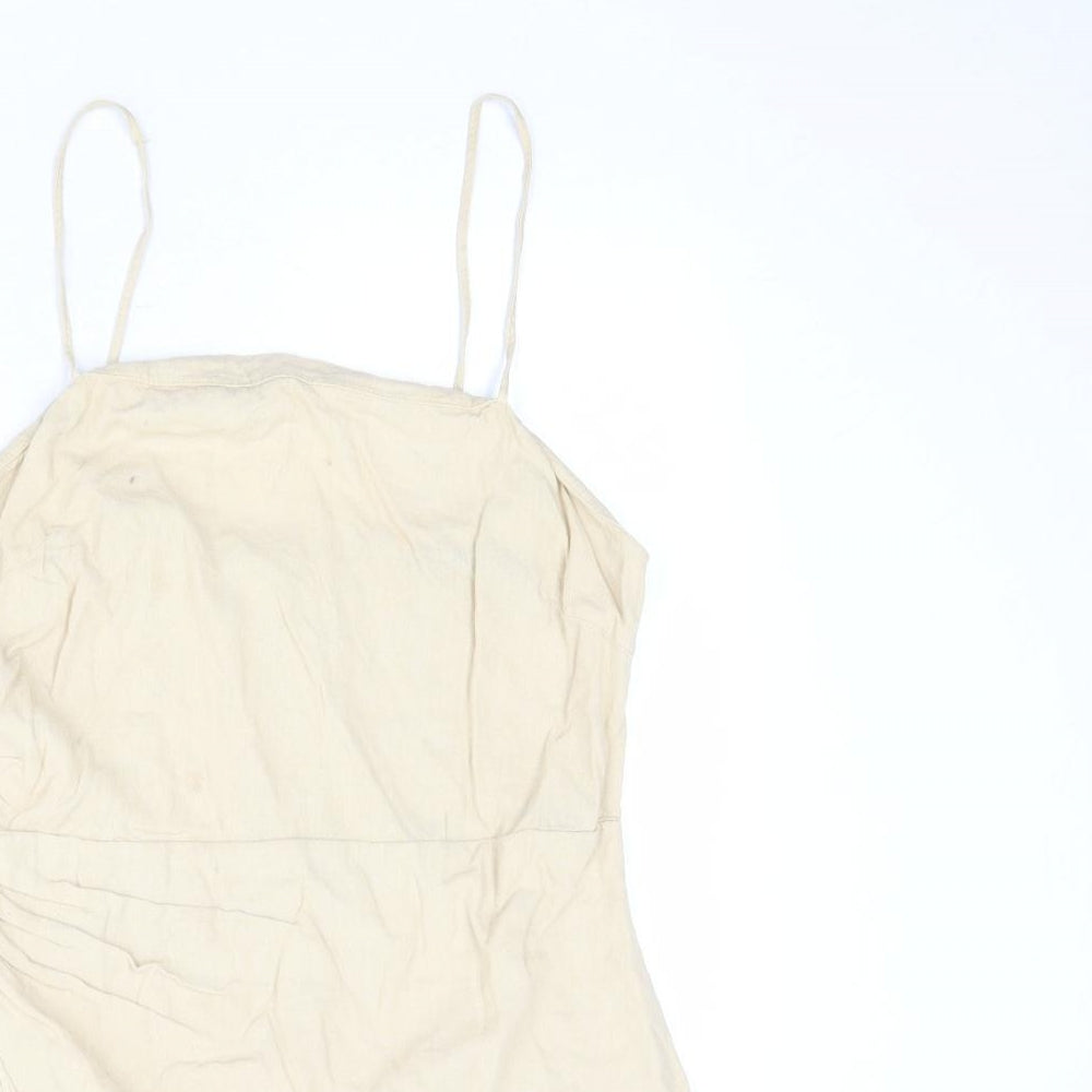 Zara Womens Beige Linen Slip Dress Size L Square Neck Zip