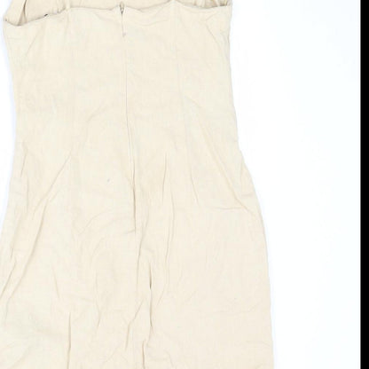 Zara Womens Beige Linen Slip Dress Size L Square Neck Zip