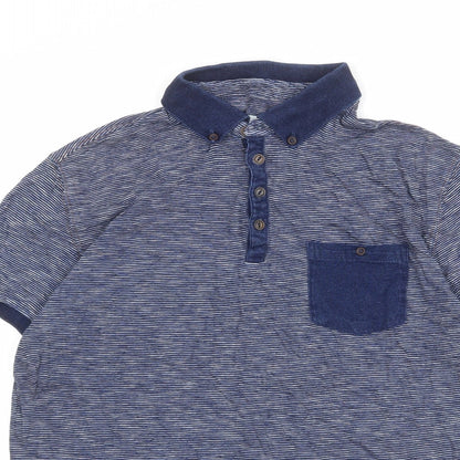 NEXT Mens Blue Striped 100% Cotton Polo Size M Collared Button