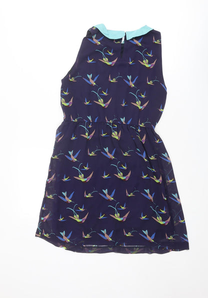 Zara Womens Blue Geometric Polyester Shift Size S Collared Button - Bird pattern