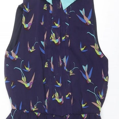 Zara Womens Blue Geometric Polyester Shift Size S Collared Button - Bird pattern