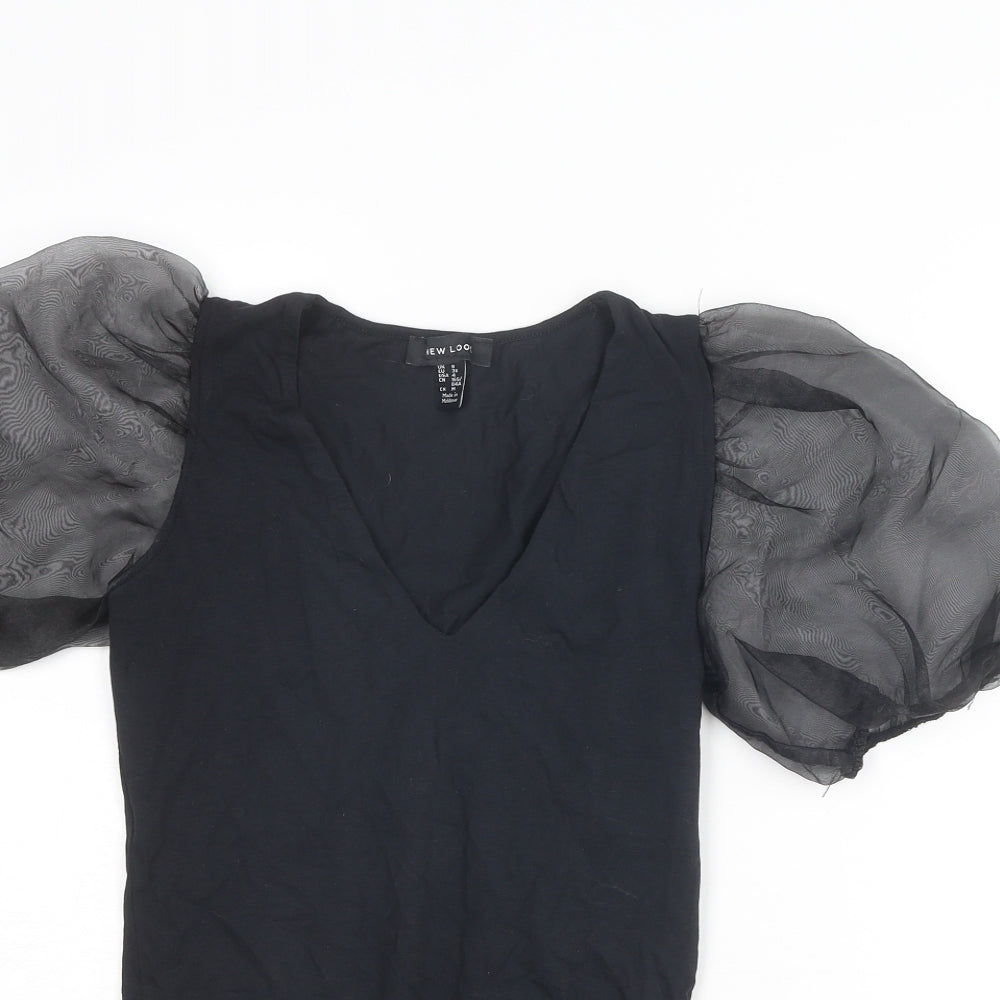 New Look Womens Black Cotton Bodysuit One-Piece Size 8 Snap