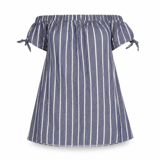 Front view of ASOS women’s blue striped cotton a-line, size UK 10, off the shoulder pullover