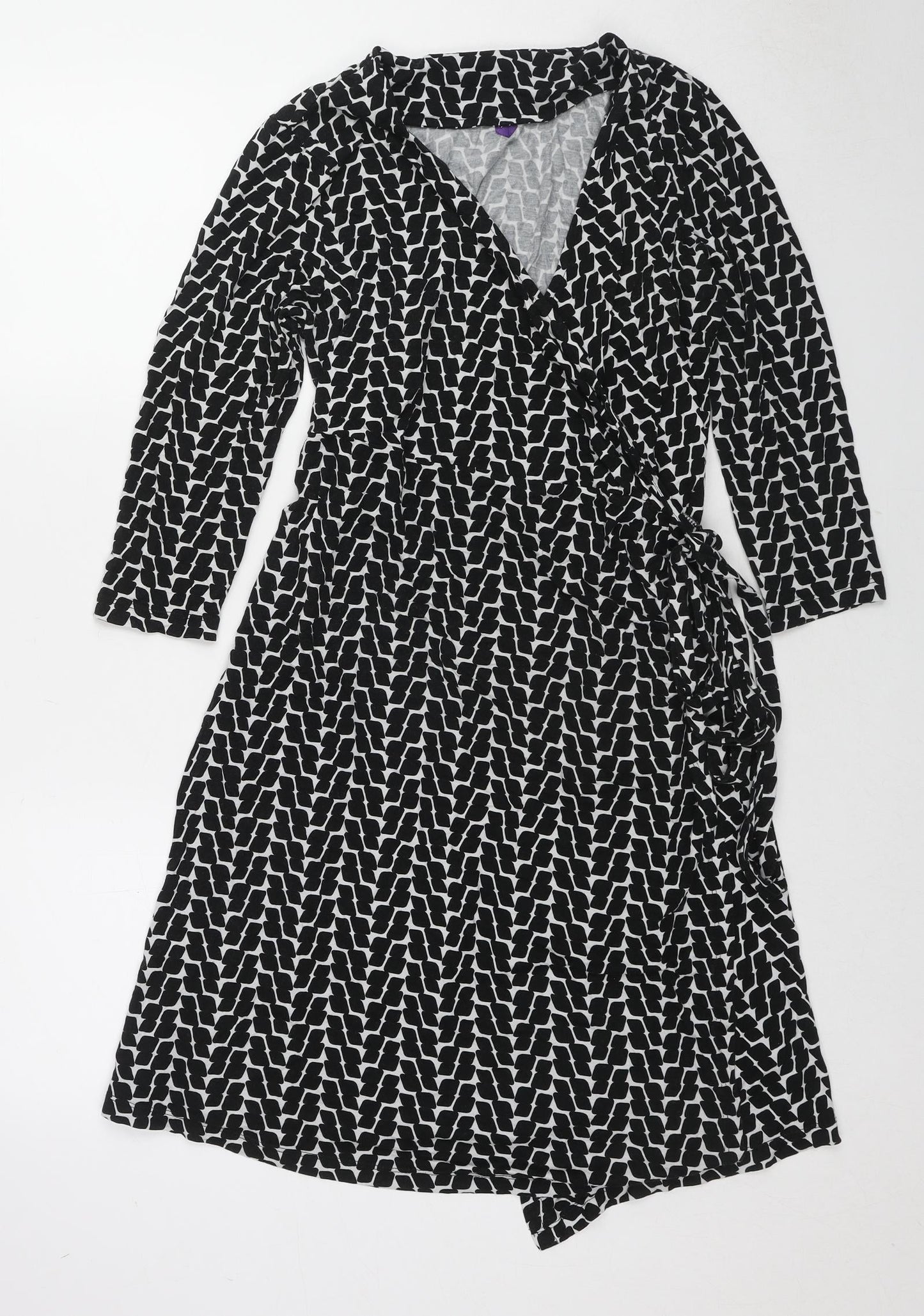 Seraphine Womens Black Geometric Viscose Wrap Dress Size 12 V-Neck Tie