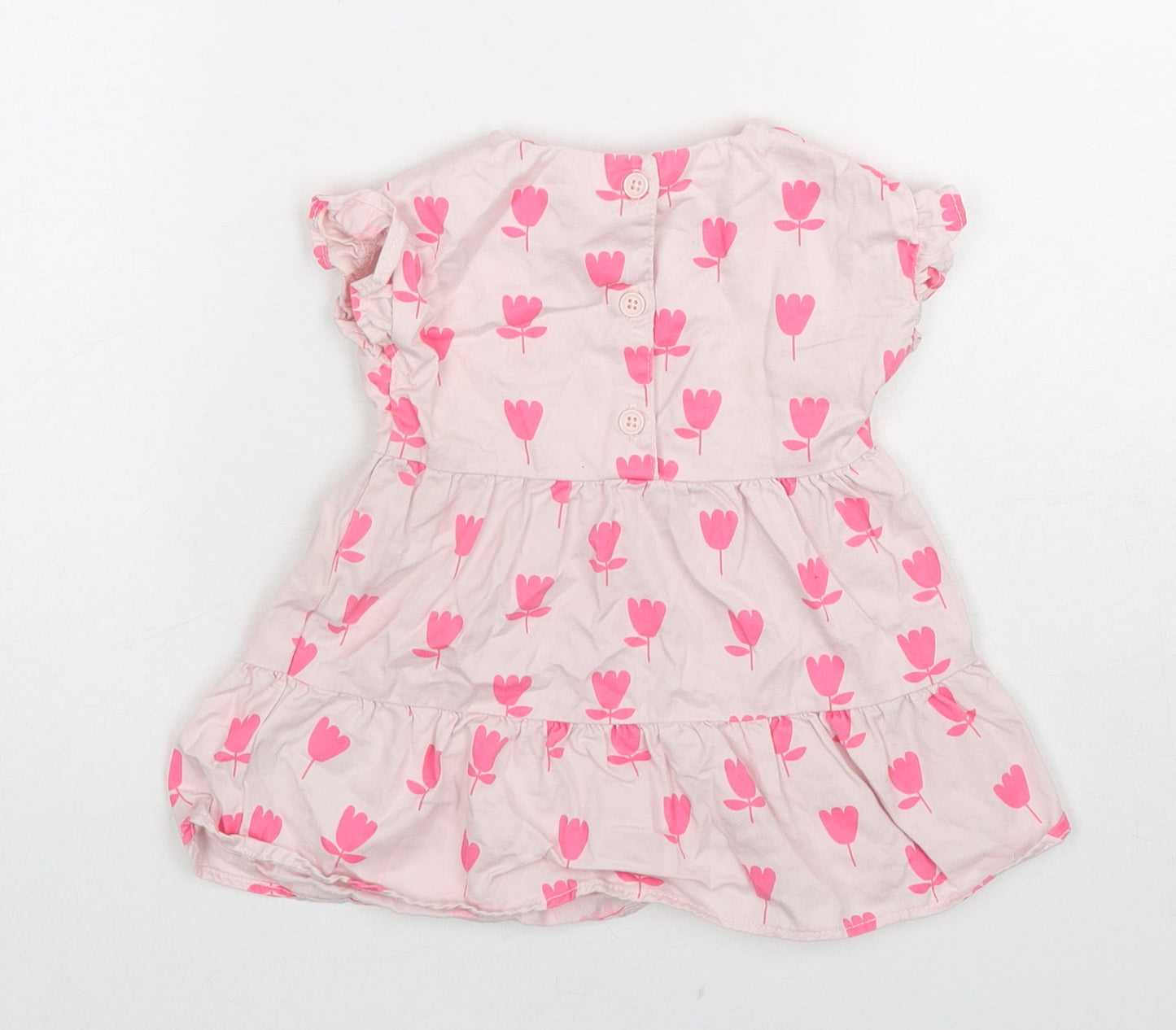 Marks and Spencer Girls Pink Floral Cotton A-Line Size 3-6 Months Round Neck Button
