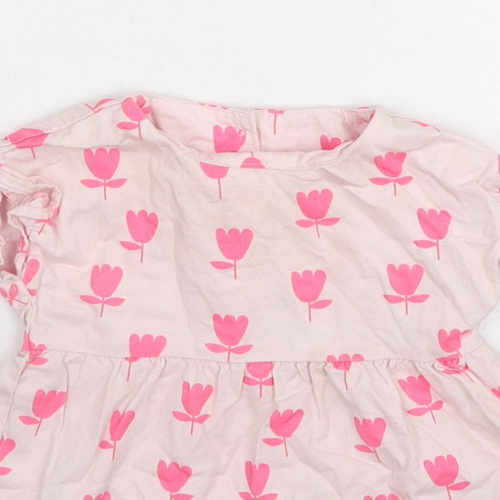 Marks and Spencer Girls Pink Floral Cotton A-Line Size 3-6 Months Round Neck Button