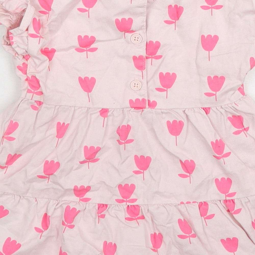 Marks and Spencer Girls Pink Floral Cotton A-Line Size 3-6 Months Round Neck Button