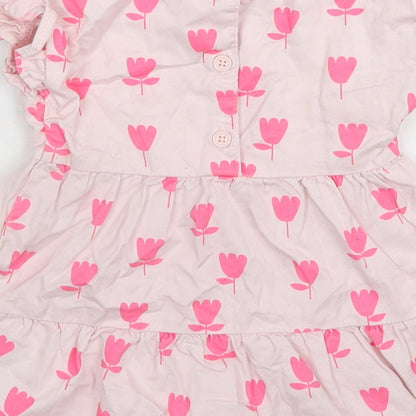 Marks and Spencer Girls Pink Floral Cotton A-Line Size 3-6 Months Round Neck Button