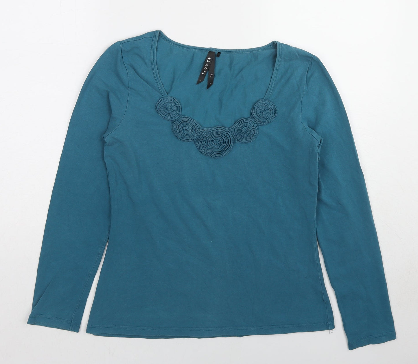 FLOWER Womens Blue Cotton Basic T-Shirt Size 12 Scoop Neck