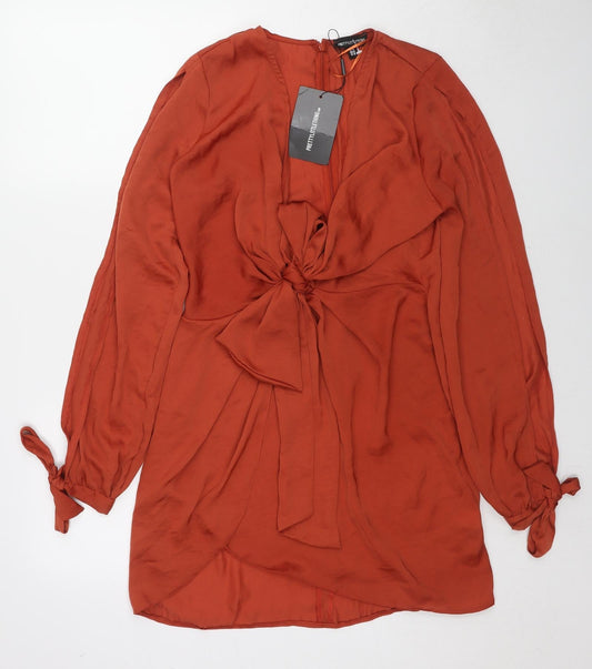 PRETTYLITTLETHING Womens Brown Polyester A-Line Size 12 V-Neck Zip