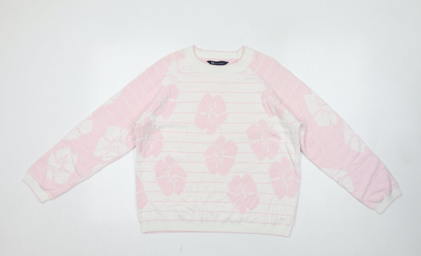 Crew Clothing Womens Pink Round Neck Striped Cotton Pullover Jumper Size 14 - Flower Detail
