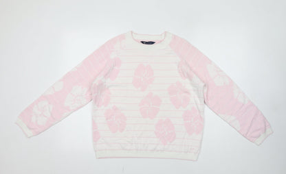 Crew Clothing Womens Pink Round Neck Striped Cotton Pullover Jumper Size 14 - Flower Detail