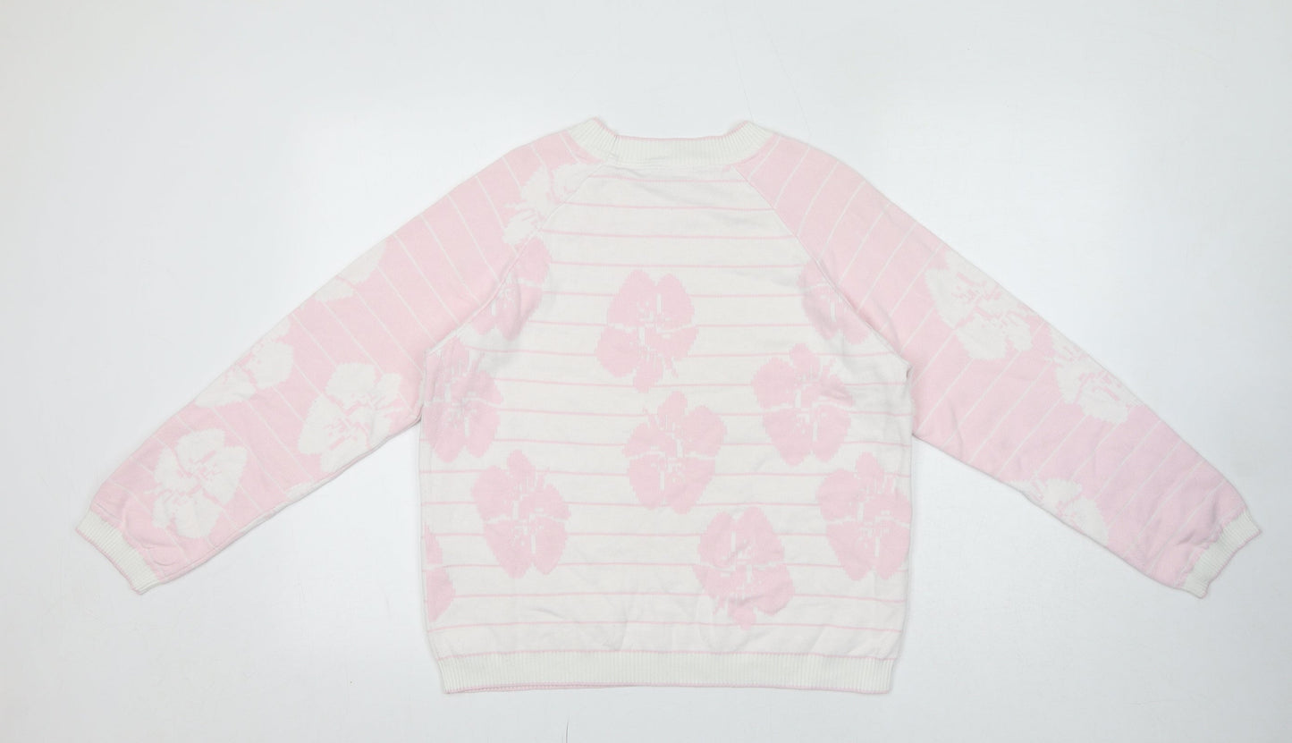 Crew Clothing Womens Pink Round Neck Striped Cotton Pullover Jumper Size 14 - Flower Detail