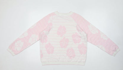 Crew Clothing Womens Pink Round Neck Striped Cotton Pullover Jumper Size 14 - Flower Detail