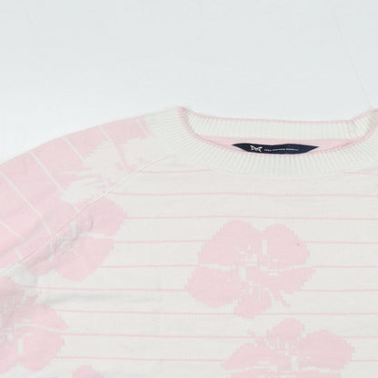 Crew Clothing Womens Pink Round Neck Striped Cotton Pullover Jumper Size 14 - Flower Detail