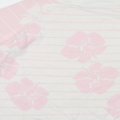 Crew Clothing Womens Pink Round Neck Striped Cotton Pullover Jumper Size 14 - Flower Detail